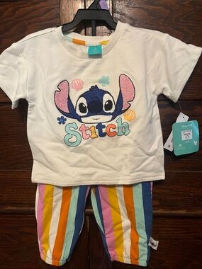 Disney White Stitch Tee with Multicolor Striped Pants Pajama Set